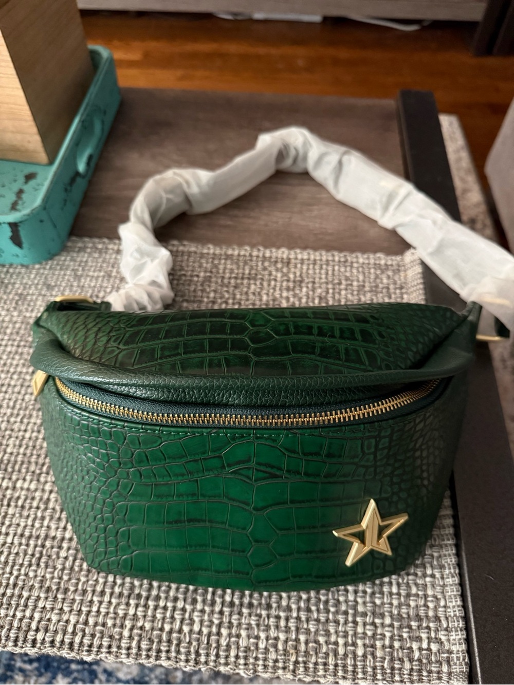 Jeffrey Star Green Croc-Embossed Leather Belt Bag with Gold Star Accent